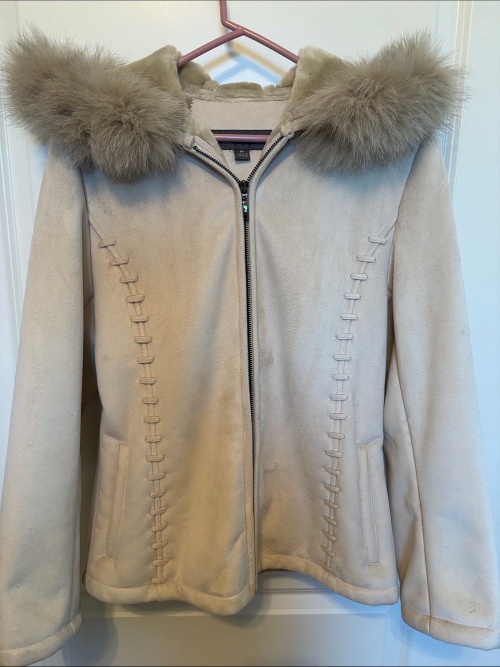 Liz Claiborne Cream Faux-Suede Teddy Jacket with Fur-Trim Hood